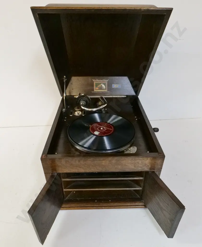 oak-cased gramophone - His Master's Voice, with Begg's dealer label - stop mechanism may need work, a bit slow? D460 Image 1++