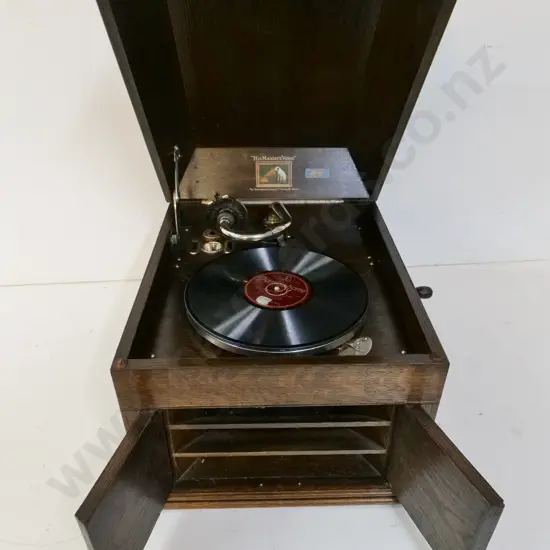 oak-cased gramophone - His Master's Voice, with Begg's dealer label - stop mechanism may need work, a bit slow? D460