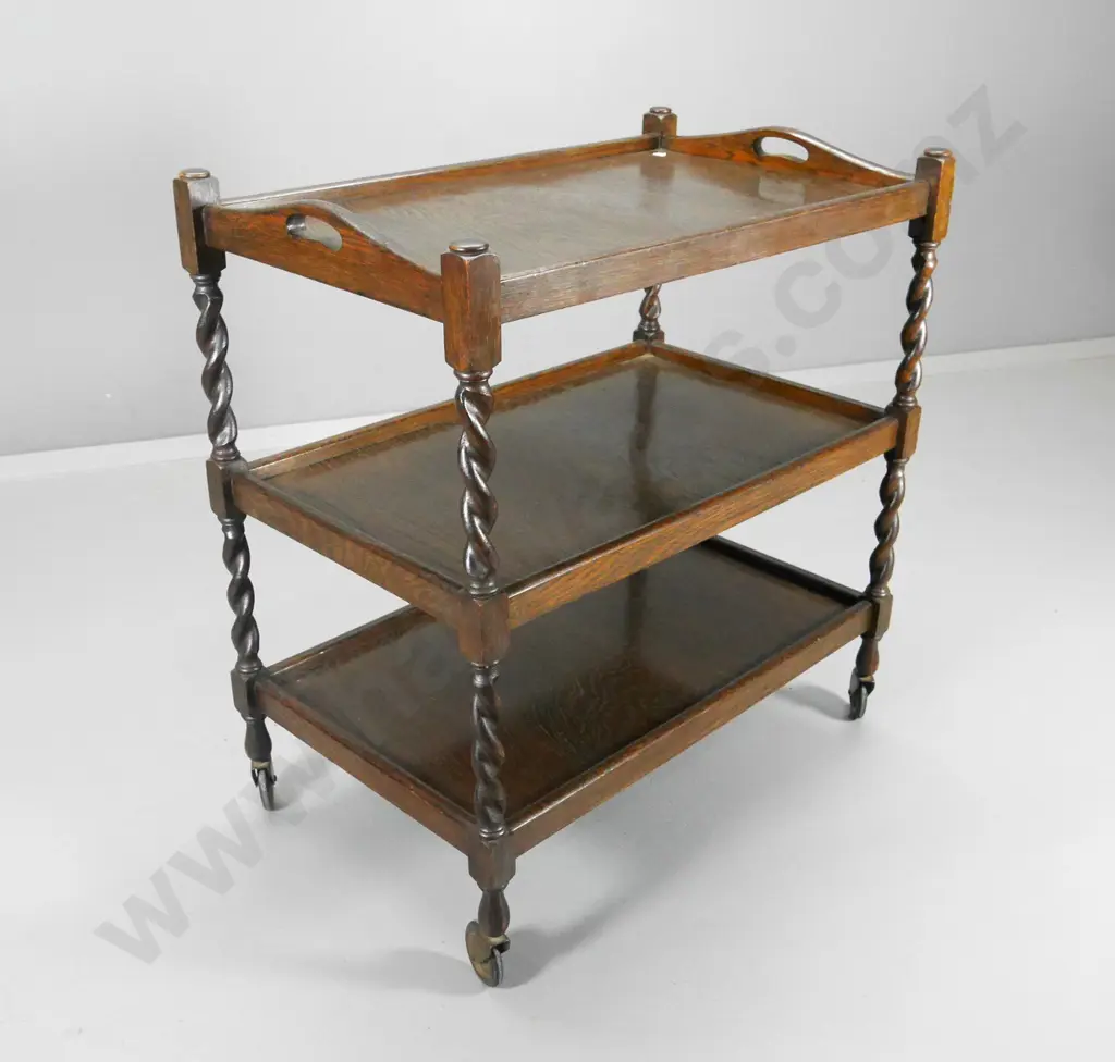 deco oak tea trolley with barley twist legs, 3 shelves, on original casters - some bowing of trays H810 W730 D470 Image 1++