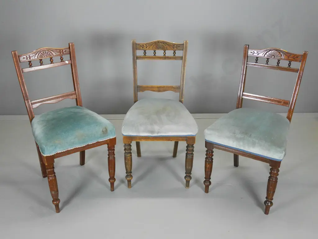 3 Edwardian dining chairs w/spindle carved backs, blue velvet seats w/some marks, movement in joints H870 W460 D430 Image 1++