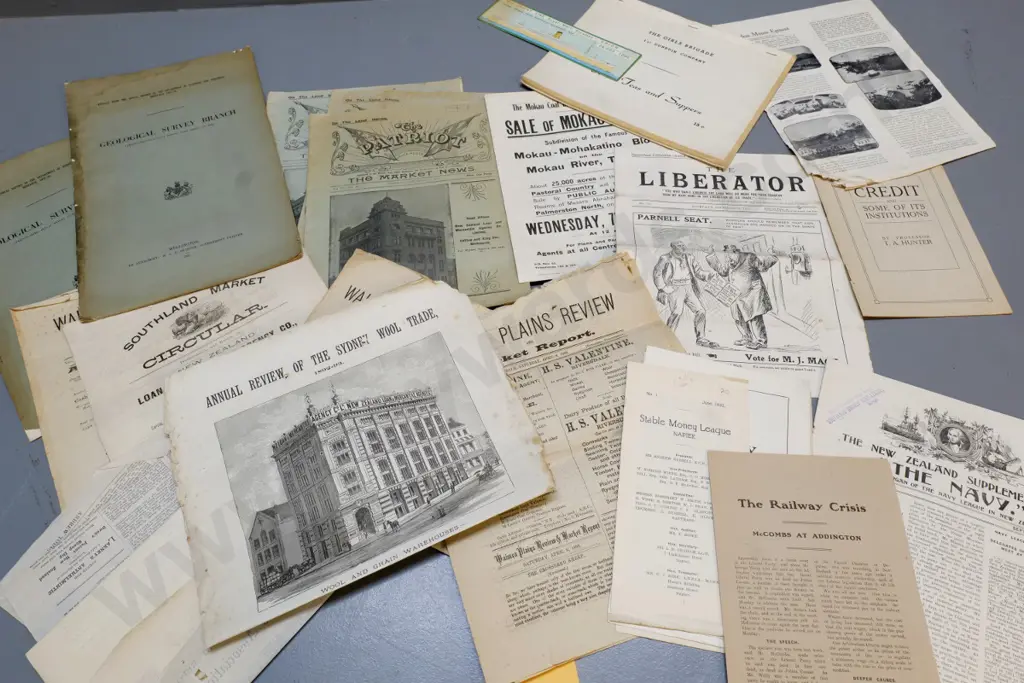 assorted NZ ephemera - geological survey with fold out maps, estate sale documents, Southland market circular, etc. Image 1++