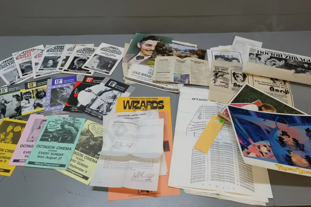 large assortment of Octagon Theatre Dunedin ephemera: film festival programs, seating charts, display cards, letters etc Image 1++