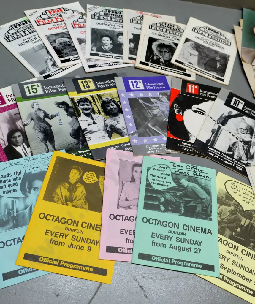large assortment of Octagon Theatre Dunedin ephemera: film festival programs, seating charts, display cards, letters etc Image 1++