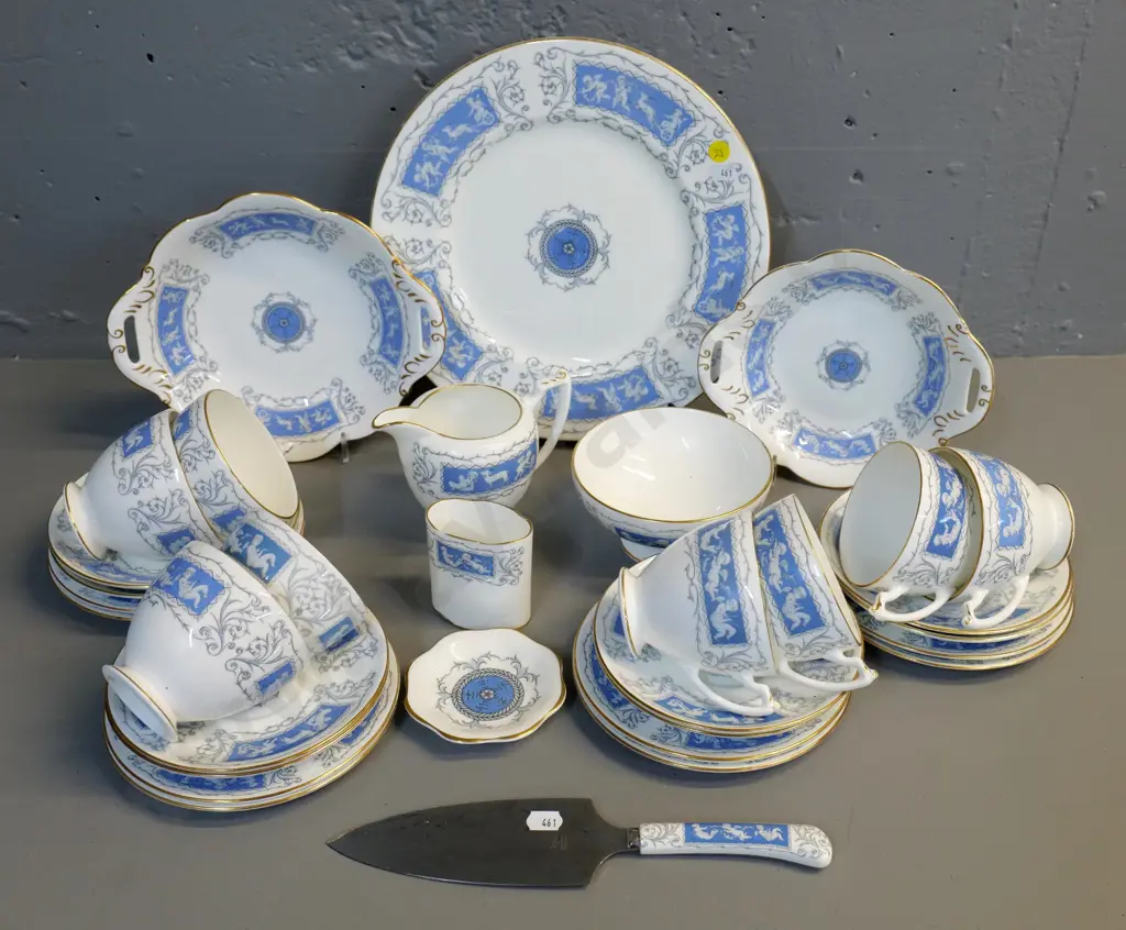 Coalport Revelry pattern 31-piece tea set with cake server, biscuit plates, pin dish etc. Image 1++