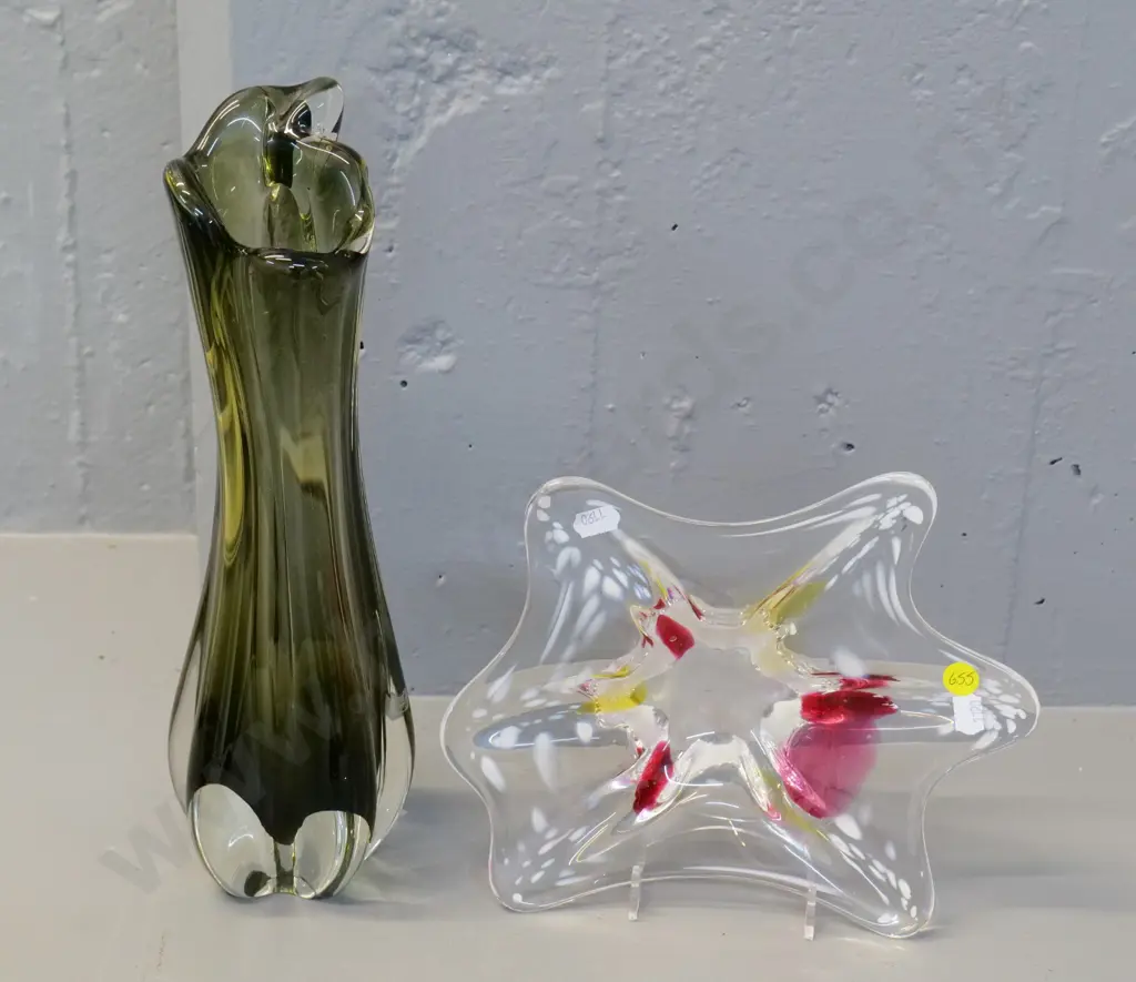art glass bowl - clear with pink white and yellow design W-230 and heavy green clear base vase H-320 Image 1++