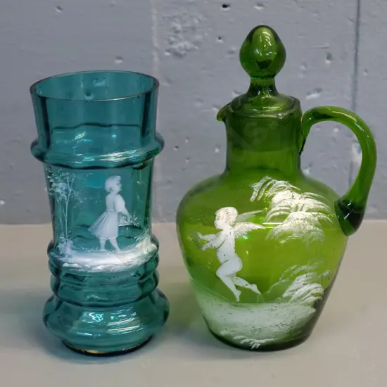 2 pieces Mary Gregory style glass - blue vase & green sauce bottle H-200 with chips
