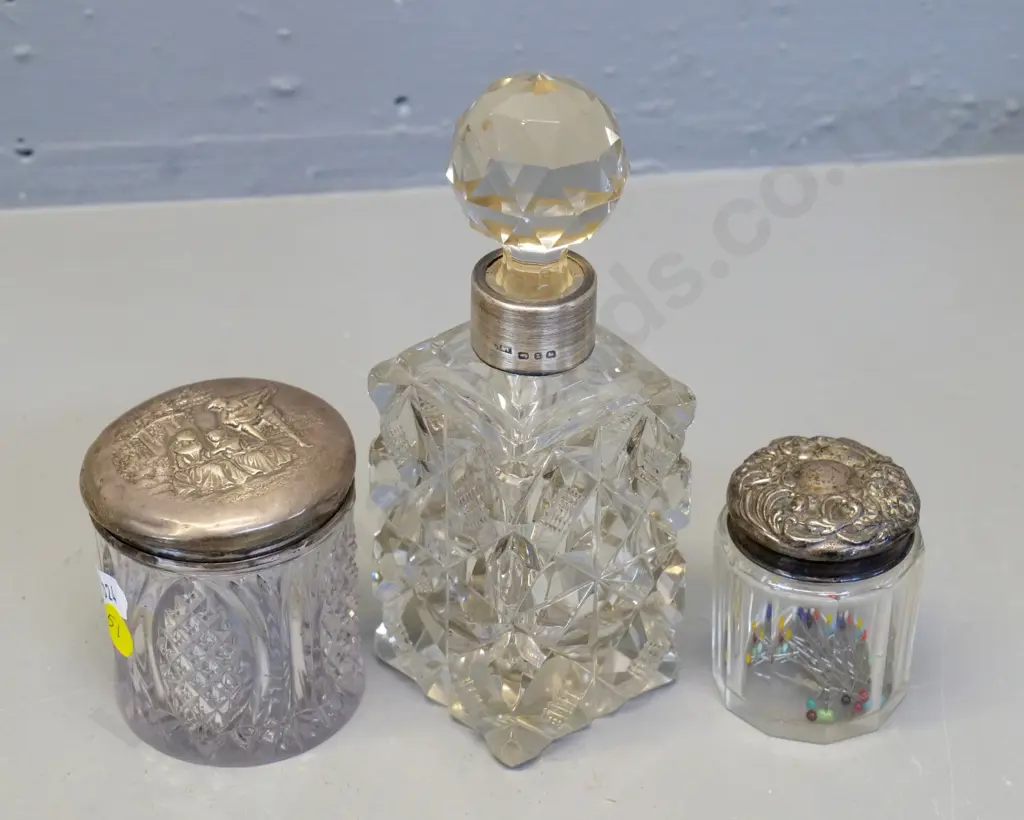 3 sterling silver mounted crystal dressing table items - scent bottle H-170 and 2 pots Image 1++