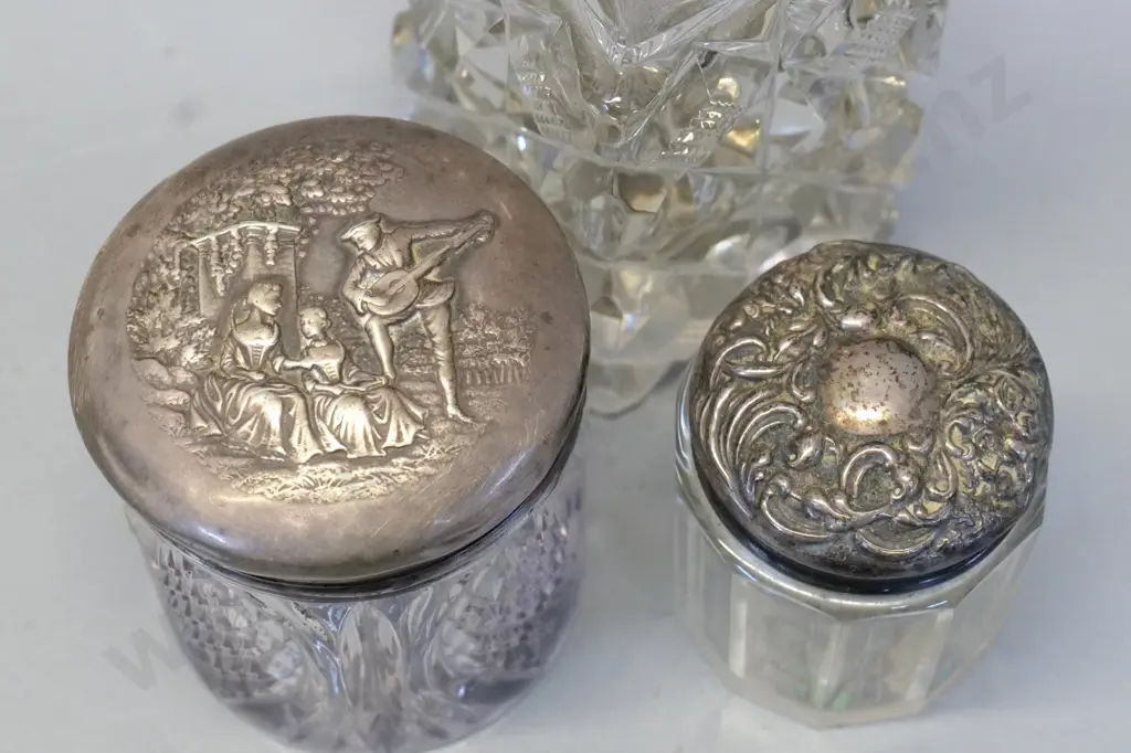 3 sterling silver mounted crystal dressing table items - scent bottle H-170 and 2 pots Image 1++