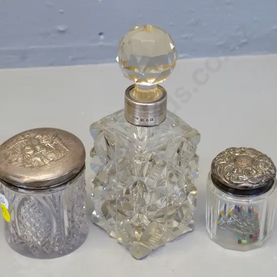 3 sterling silver mounted crystal dressing table items - scent bottle H-170 and 2 pots