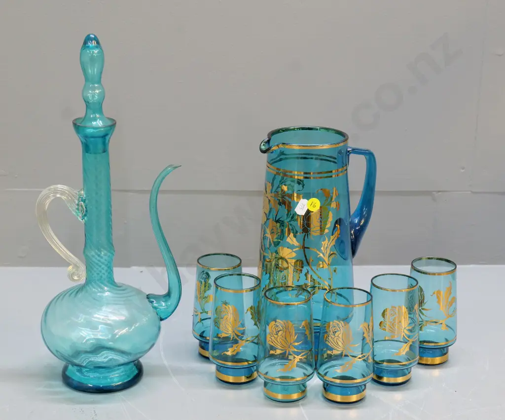 teal & gilt Bohemia glass 7-piece water set and a hand-blown stoppered decanter H-380 Image 1++