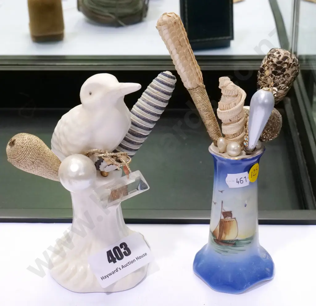 two hat-pin holders with 10 assorted vintage hat pins - white bird figure has mend to beak H-170 Image 1++
