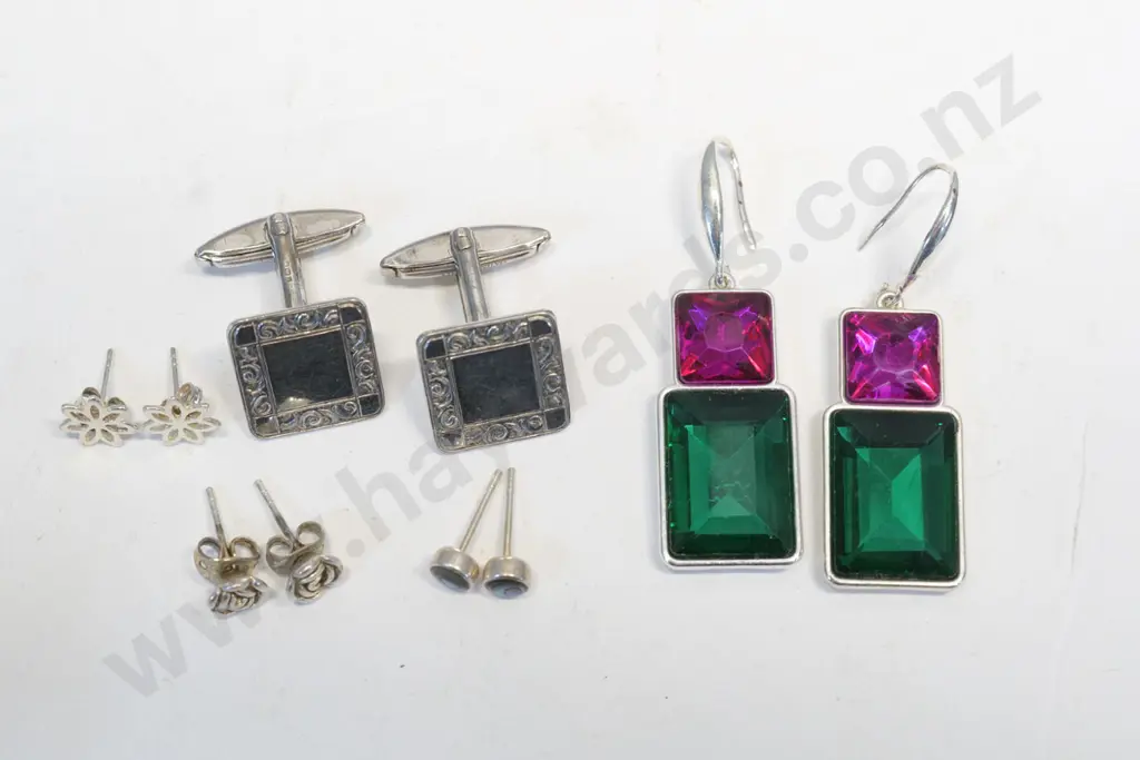 3 pairs of silver stud earrings, 1 pair of drop earrings & pair of silver cufflinks Image 1++