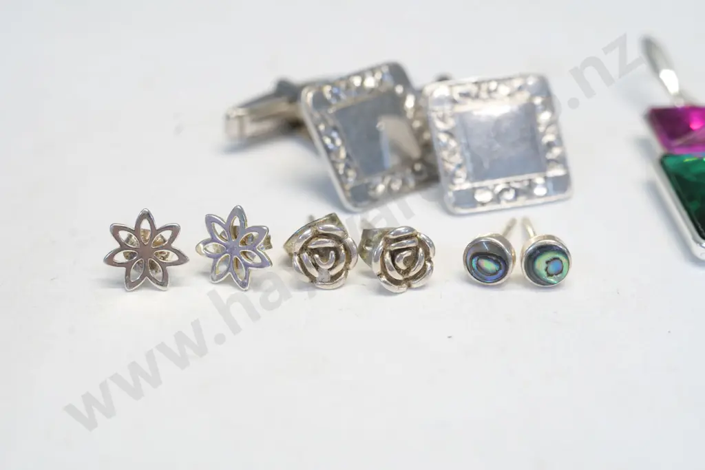 3 pairs of silver stud earrings, 1 pair of drop earrings & pair of silver cufflinks Image 1++