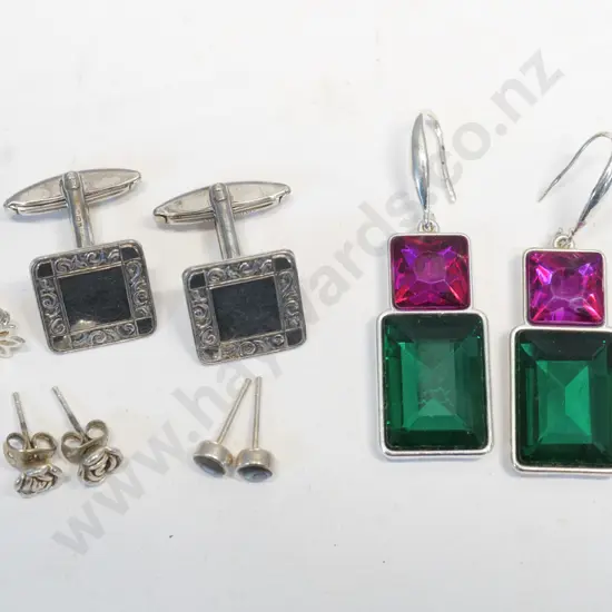 3 pairs of silver stud earrings, 1 pair of drop earrings & pair of silver cufflinks