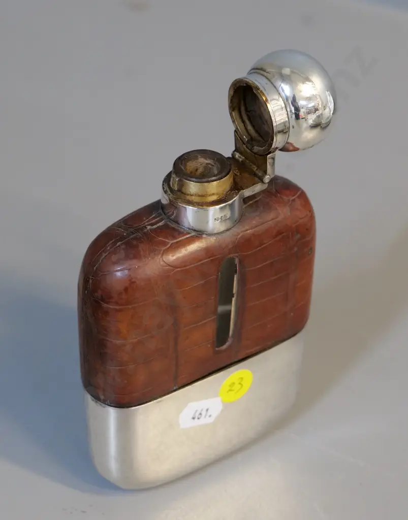 leather and silver plated hip flask Image 1++