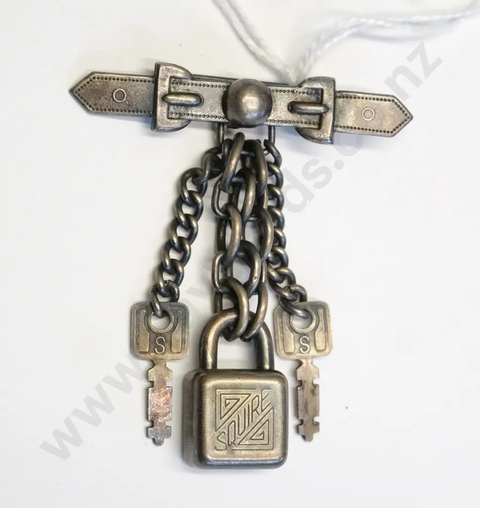 small bar brooch - belt shaped with tiny padlock and keys on chains. Lock marked Hy Squire & Sons Image 1++