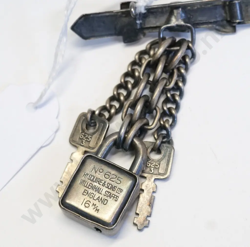 small bar brooch - belt shaped with tiny padlock and keys on chains. Lock marked Hy Squire & Sons Image 1++