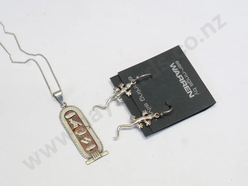silver necklace & silver lizard earrings both stamped 925 Image 1++