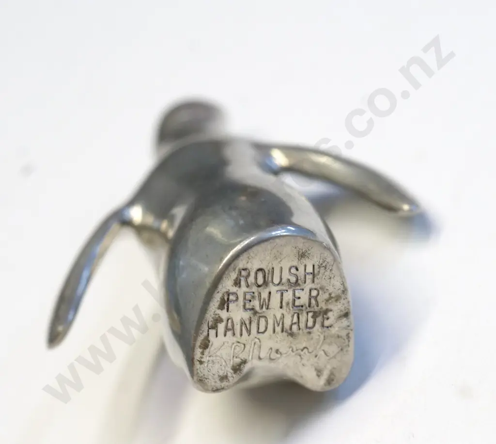 small signed Roush pewter penguin, small green stone penguin, cased sterling silver infant's spoon and pusher set Image 1++