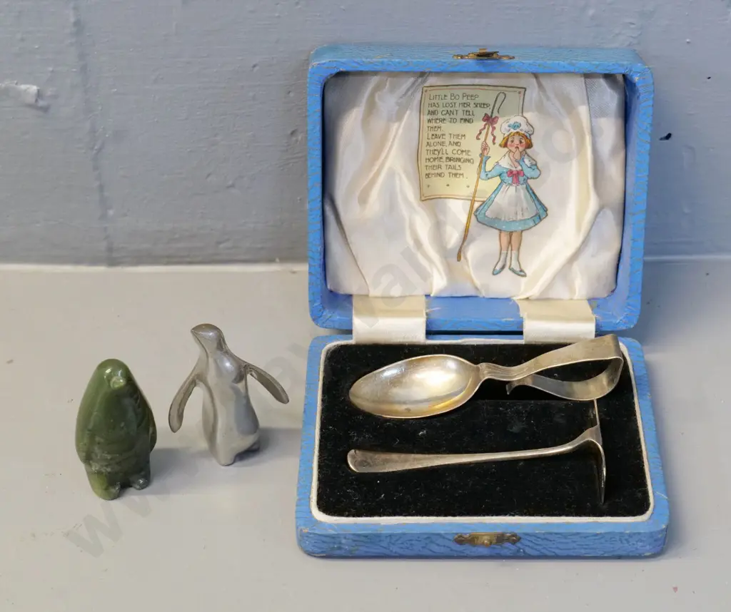 small signed Roush pewter penguin, small green stone penguin, cased sterling silver infant's spoon and pusher set Image 1++