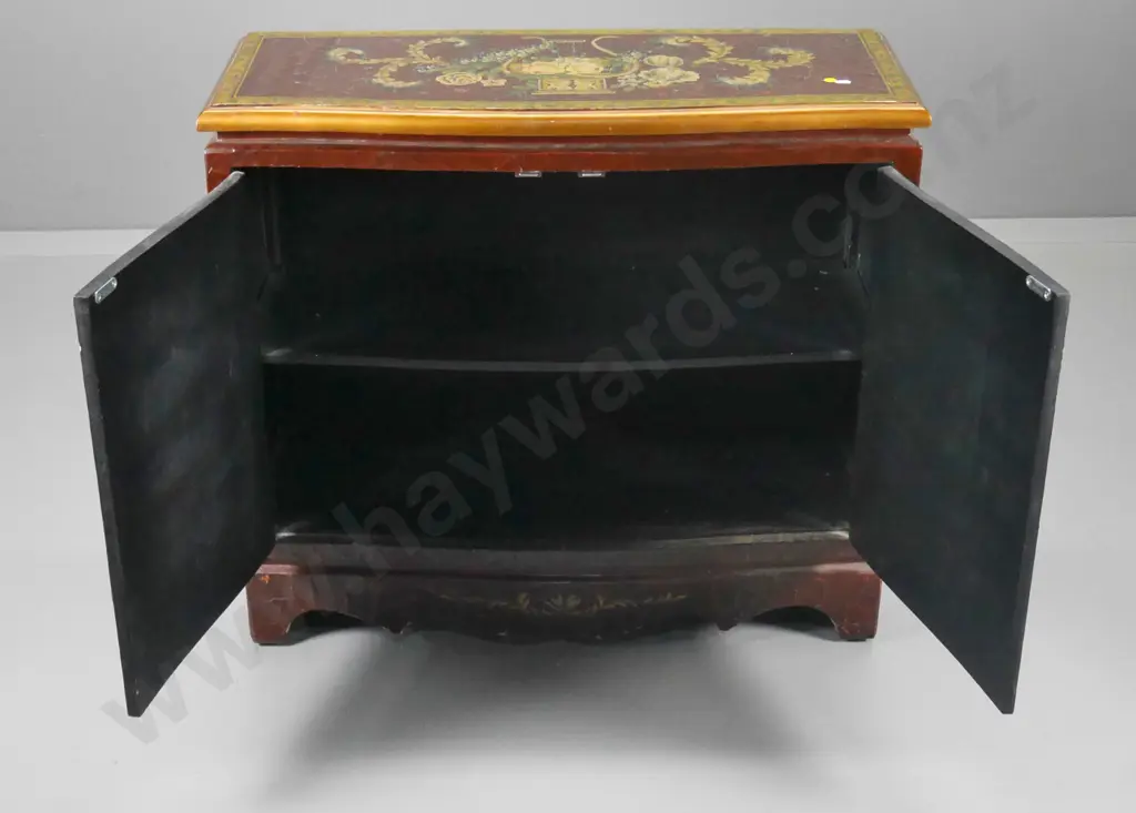 Chinese reproduction 2-door cabinet with hand painted decoration, brass handles, some rubbing & wear H740 W810 D330 Image 1++