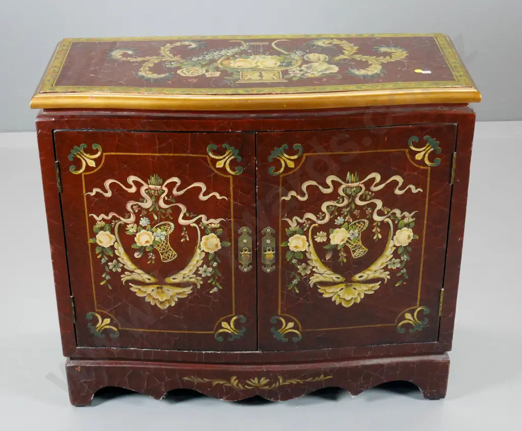 Chinese reproduction 2-door cabinet with hand painted decoration, brass handles, some rubbing & wear H740 W810 D330 Image 1++