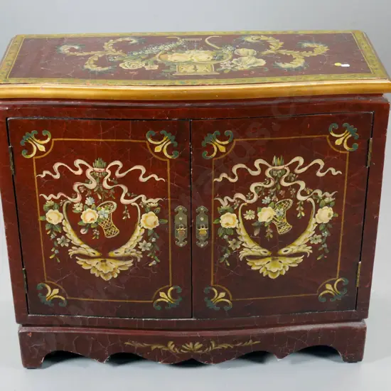 Chinese reproduction 2-door cabinet with hand painted decoration, brass handles, some rubbing & wear H740 W810 D330