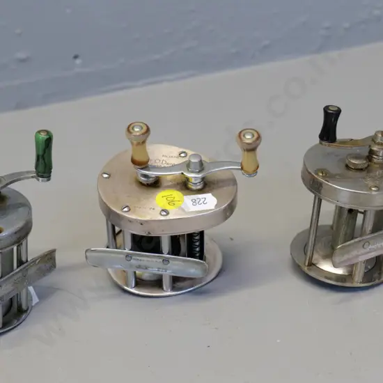 3 small metal fishing reels - Shakespeare Direct Drive, Utica Caster, Shakespeare Triumph