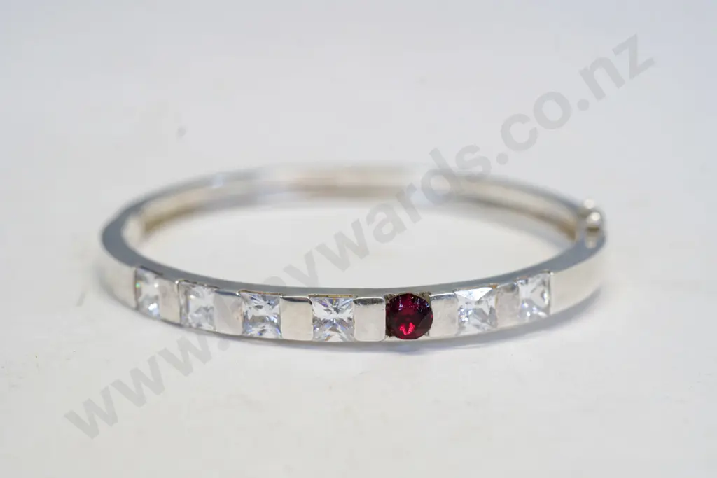 silver bangle with garnet & cz stamped 925 Image 1++