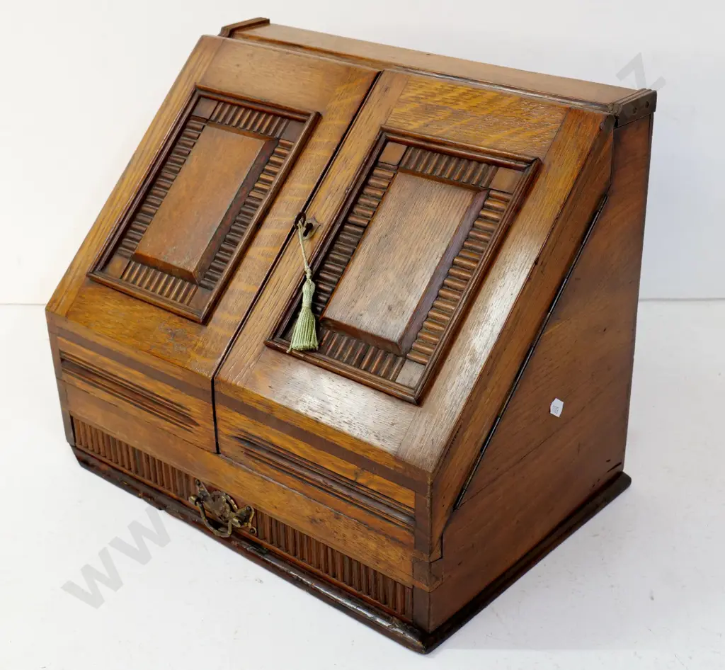 timber writing box w/stationery organiser, inkwells, drawer, key, hinged top flap - some damage H320 W390 D250 closed Image 1++