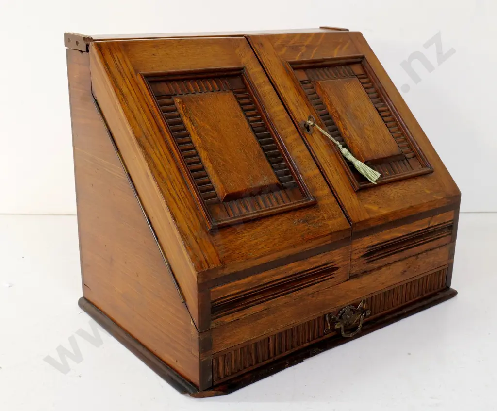 timber writing box w/stationery organiser, inkwells, drawer, key, hinged top flap - some damage H320 W390 D250 closed Image 1++