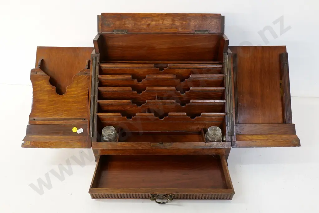 timber writing box w/stationery organiser, inkwells, drawer, key, hinged top flap - some damage H320 W390 D250 closed Image 1++