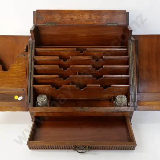 timber writing box w/stationery organiser, inkwells, drawer, key, hinged top flap - some damage H320 W390 D250 closed