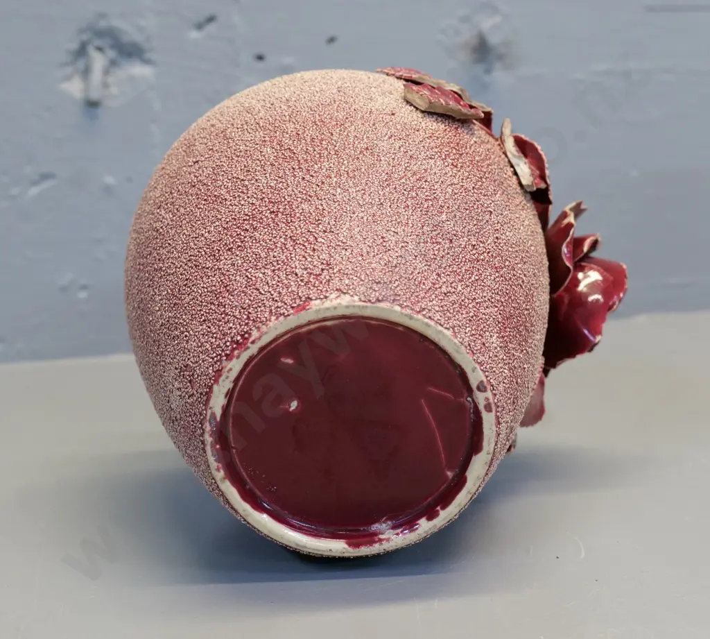 (Milton potteries?) red majolica vase with ceramic hail & applique roses - some chips H-200 Image 1++