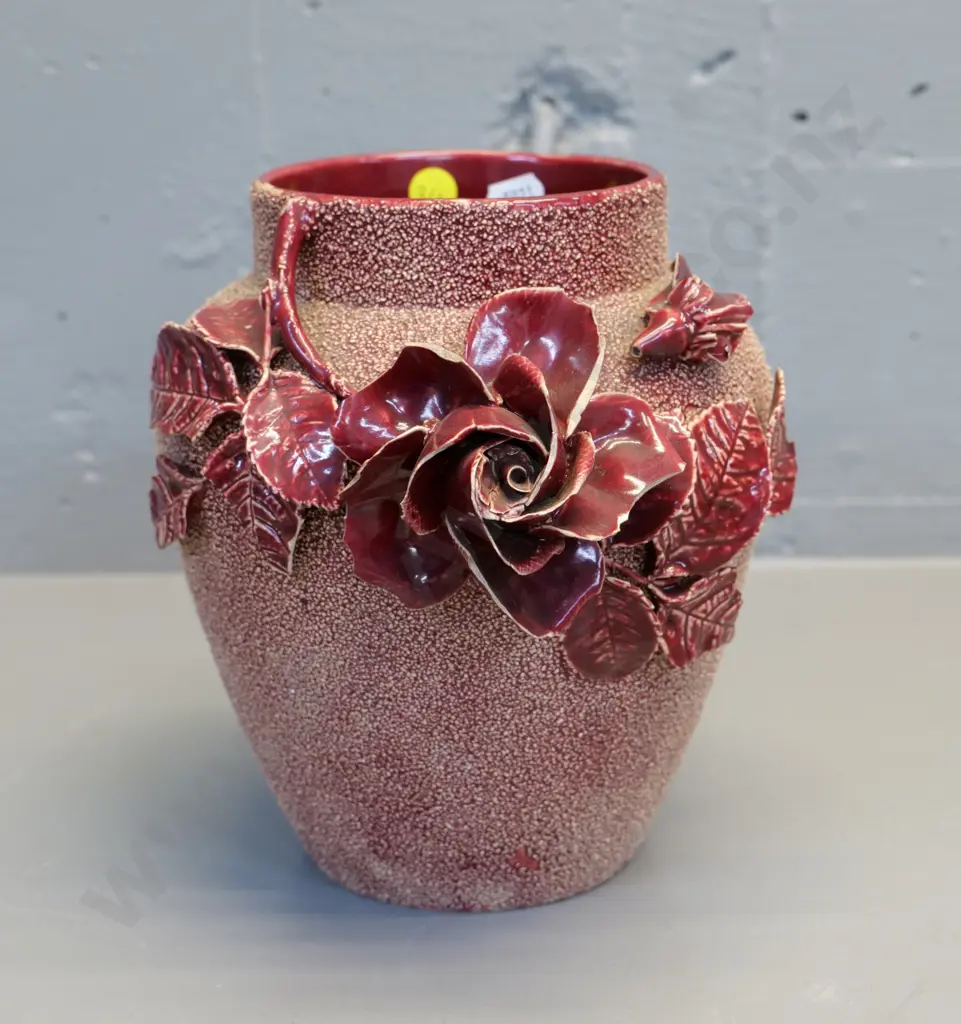 (Milton potteries?) red majolica vase with ceramic hail & applique roses - some chips H-200 Image 1++