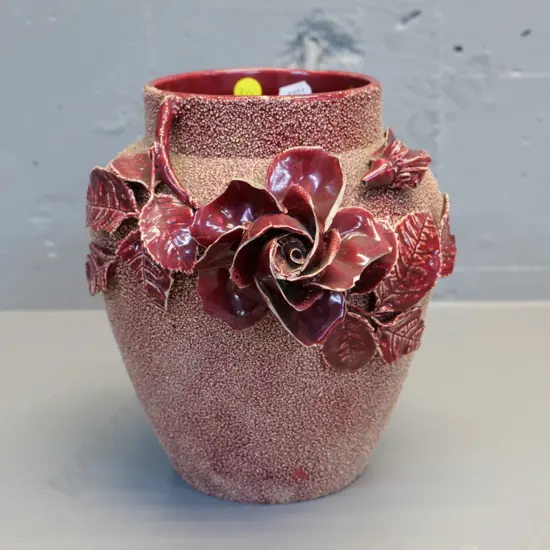 (Milton potteries?) red majolica vase with ceramic hail & applique roses - some chips H-200