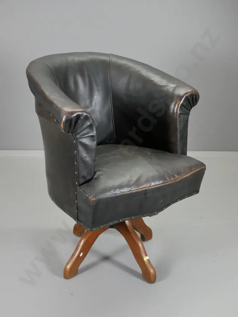 vintage timber swivel leather upholstered tub office chair H930 W700 D750 Image 1++