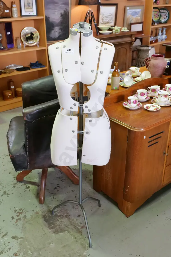 adjustable dress form on metal tripod base - a little discolouration & fraying H1340 Image 1++