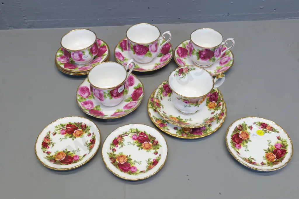 Royal Albert china - 3 Old English Rose cups & saucers, sugar bowl, extra saucers, Old Country Roses trio & 3 pin dishes Image 1++