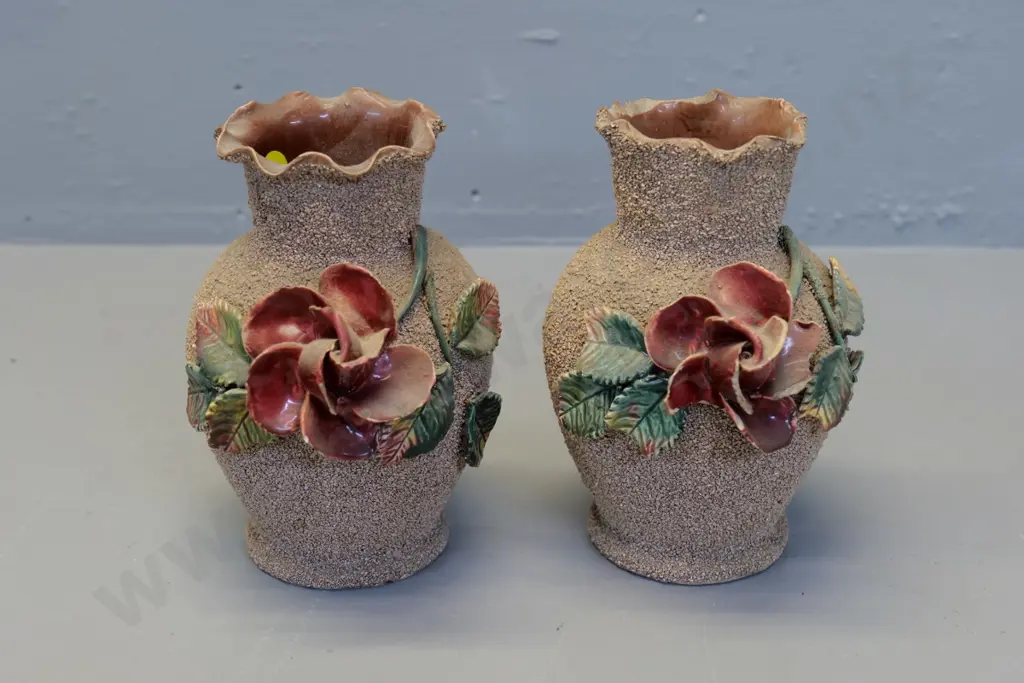 pair of (Milton potteries?) frilled rim vases with ceramic hail and flowers - some rim and petal chips H-180 Image 1++