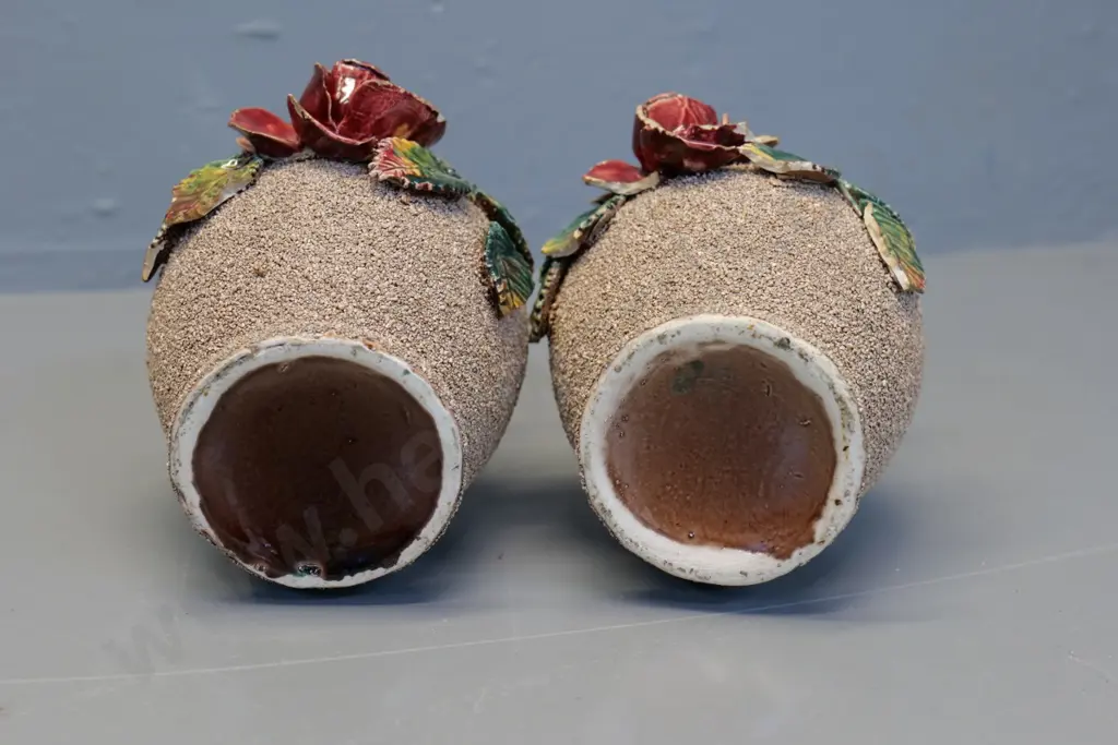pair of (Milton potteries?) frilled rim vases with ceramic hail and flowers - some rim and petal chips H-180 Image 1++