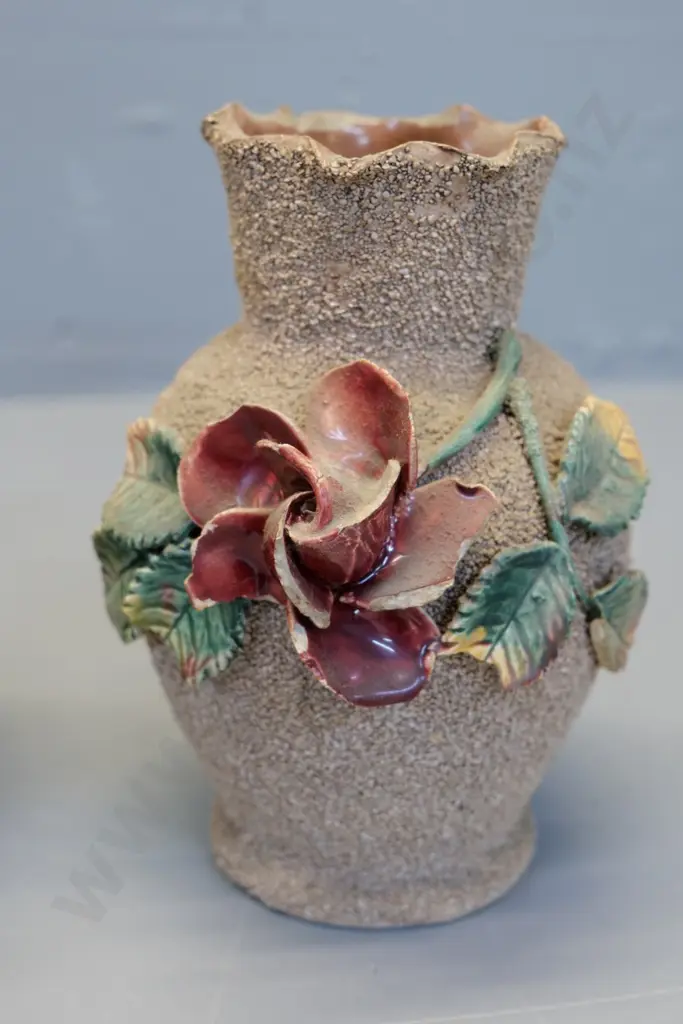 pair of (Milton potteries?) frilled rim vases with ceramic hail and flowers - some rim and petal chips H-180 Image 1++