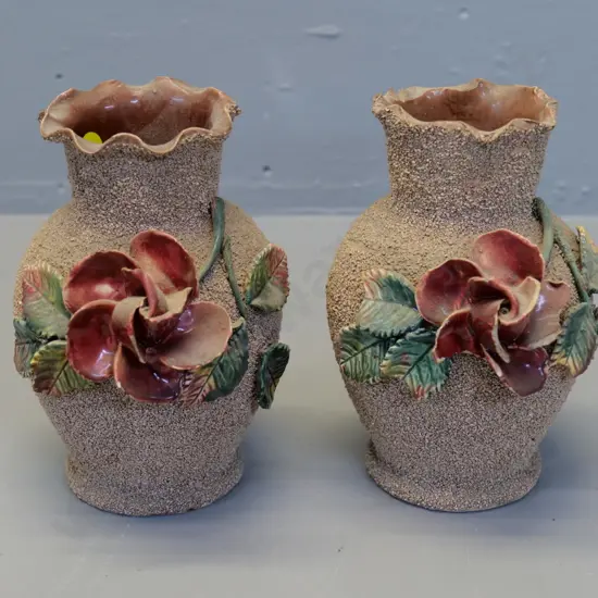 pair of (Milton potteries?) frilled rim vases with ceramic hail and flowers - some rim and petal chips H-180