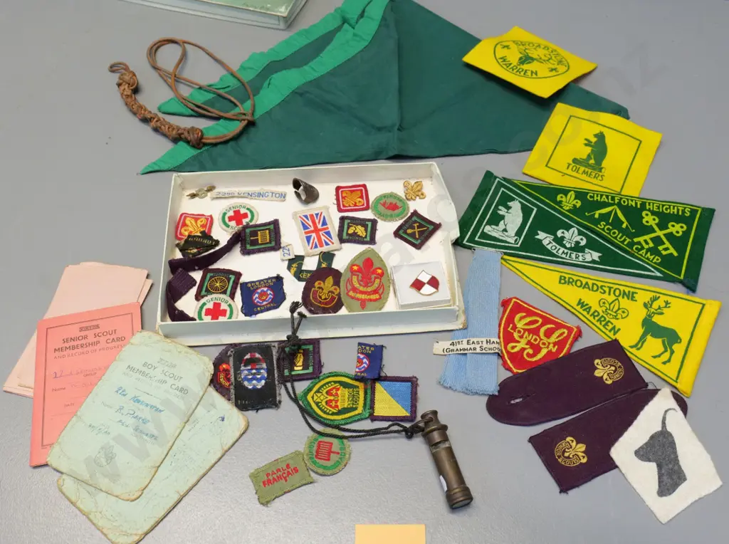 assorted 1960s era English boy scout badges and ephemera, including Acme Boy Scout whistle with built in compass Image 1++