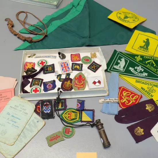 assorted 1960s era English boy scout badges and ephemera, including Acme Boy Scout whistle with built in compass