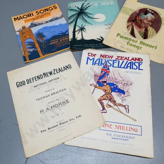 5 vintage sheet music publications, circa WWI era - Maori songs, New Zealand Marsellaise, etc.