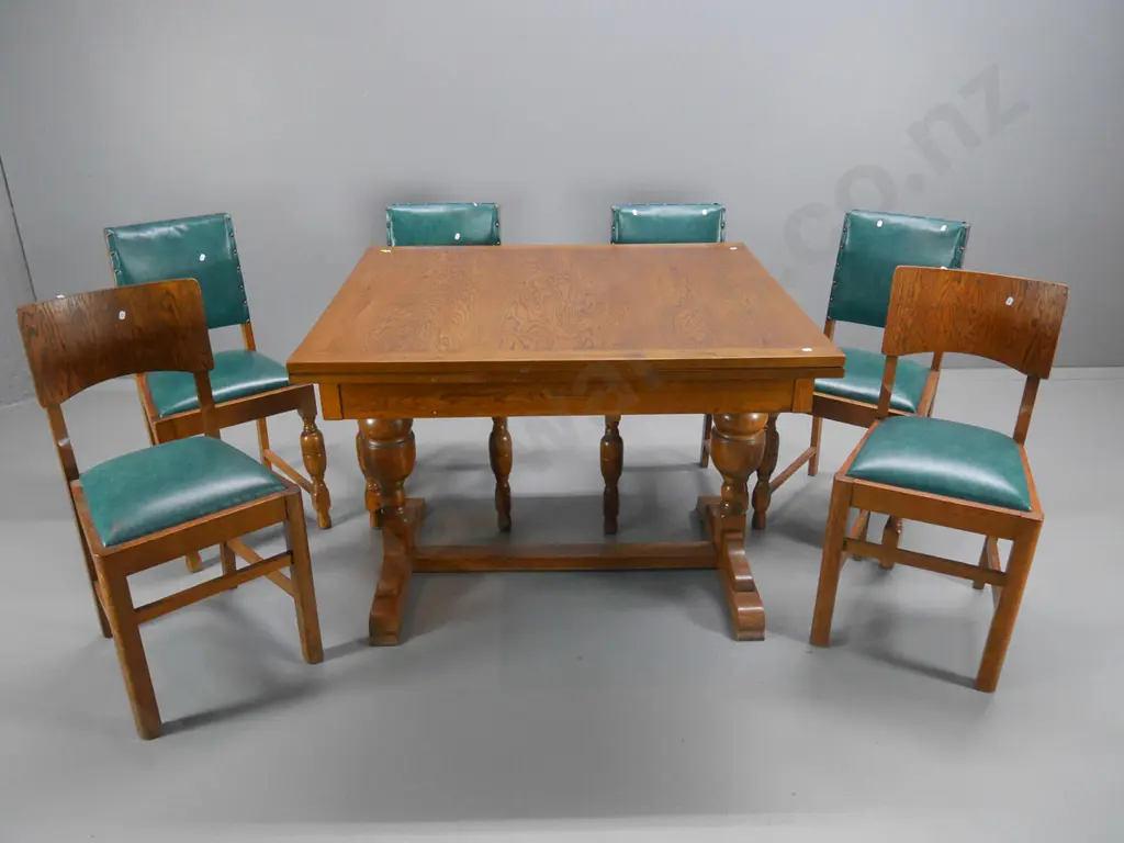 deco oak end-leaf dining table; refectory base, 4 vinyl covered matching and 2 other chairs H790 W900 L1820 open Image 1++