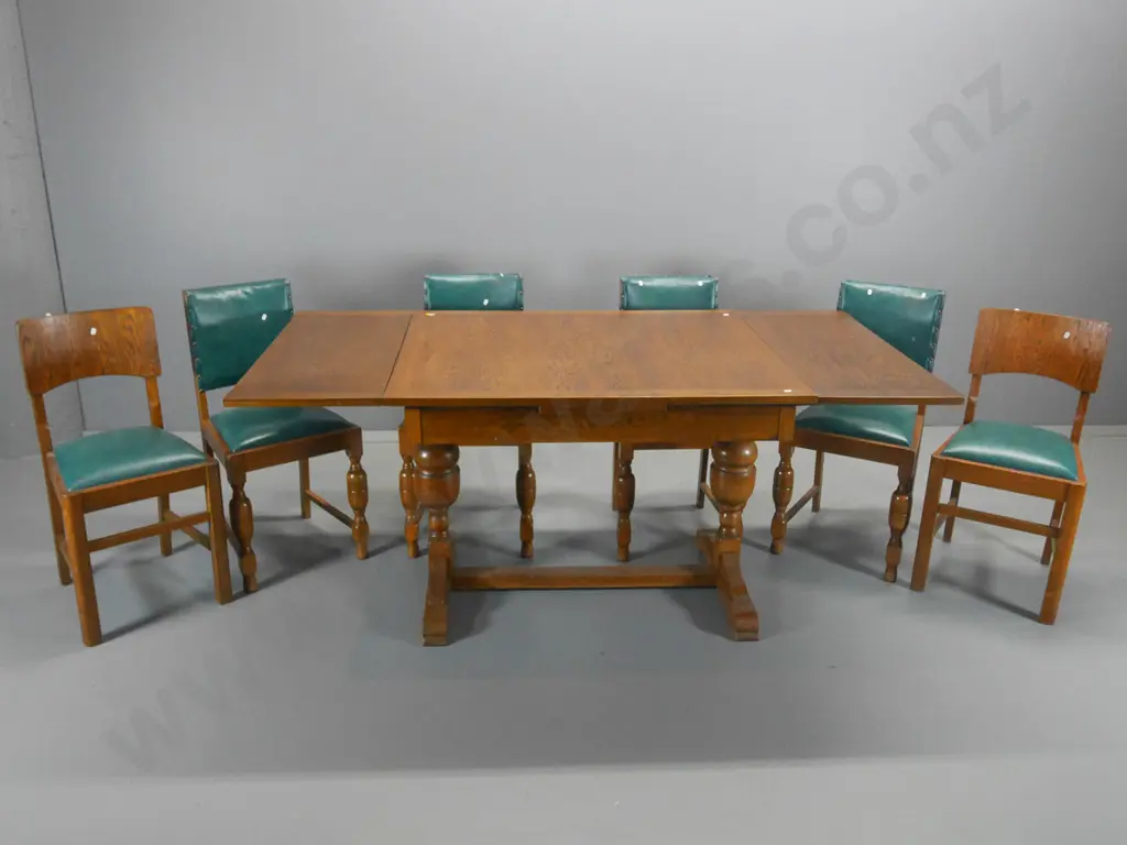 deco oak end-leaf dining table; refectory base, 4 vinyl covered matching and 2 other chairs H790 W900 L1820 open Image 1++