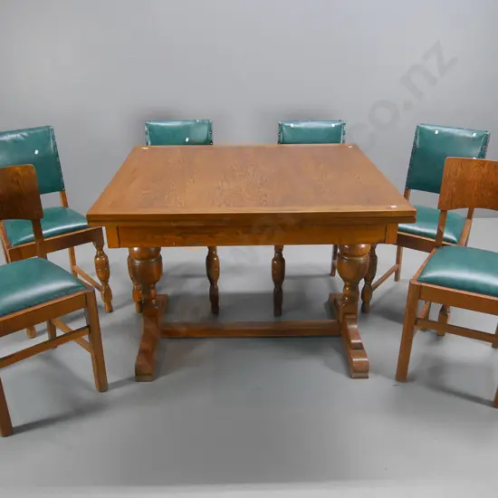 deco oak end-leaf dining table; refectory base, 4 vinyl covered matching and 2 other chairs H790 W900 L1820 open