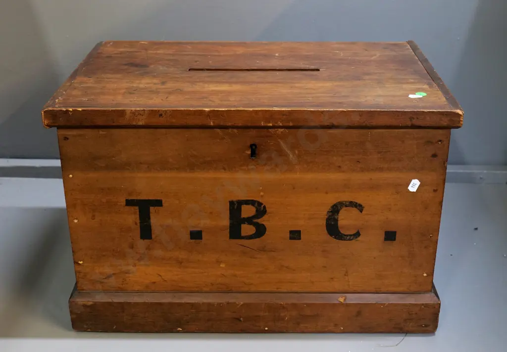 vintage timber ballot box with hinged top, marked TBC on front - split to board in base H340 W520 D345 Image 1++